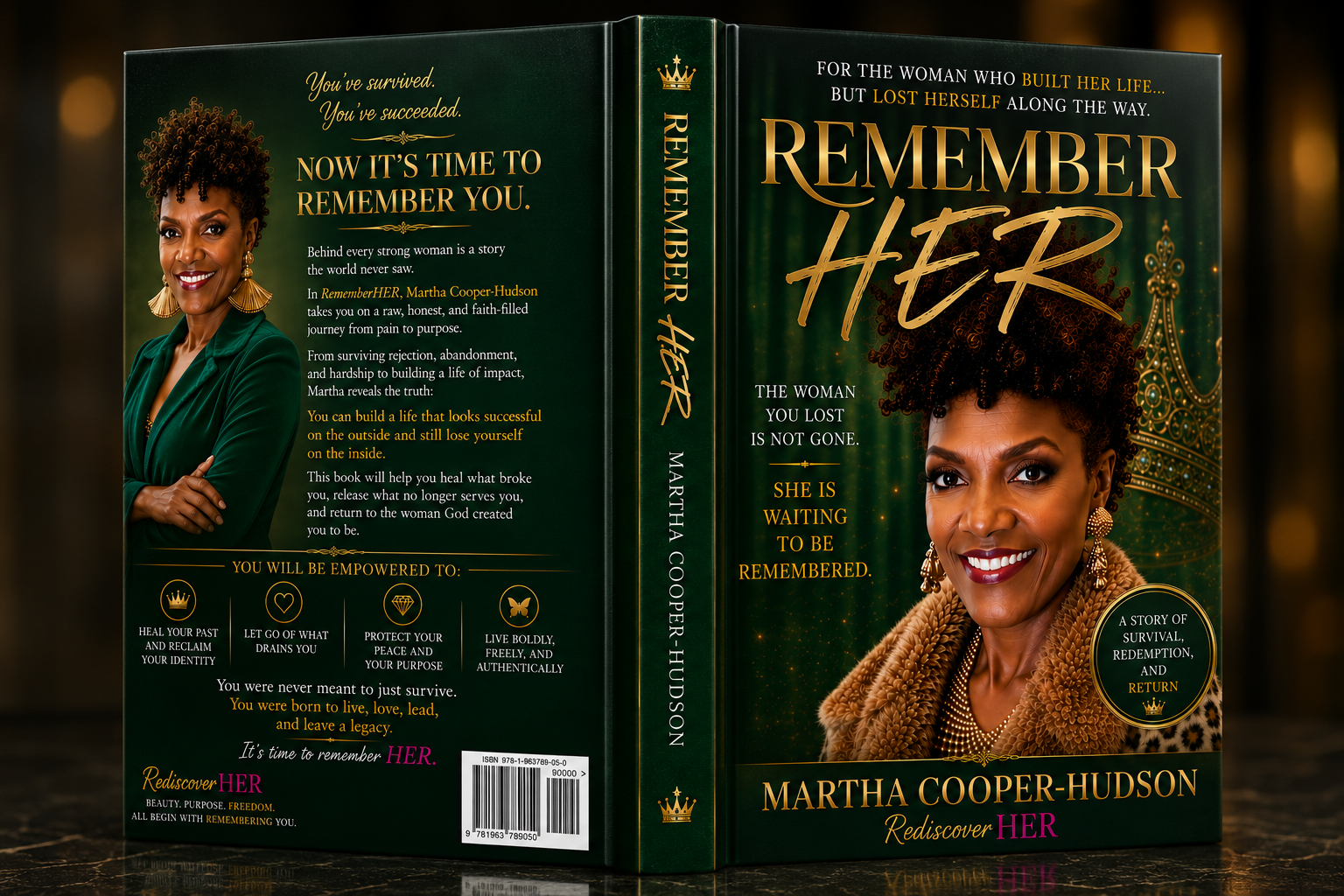 RememberHER signed hardcover book mockup showing front cover, spine, and back cover.